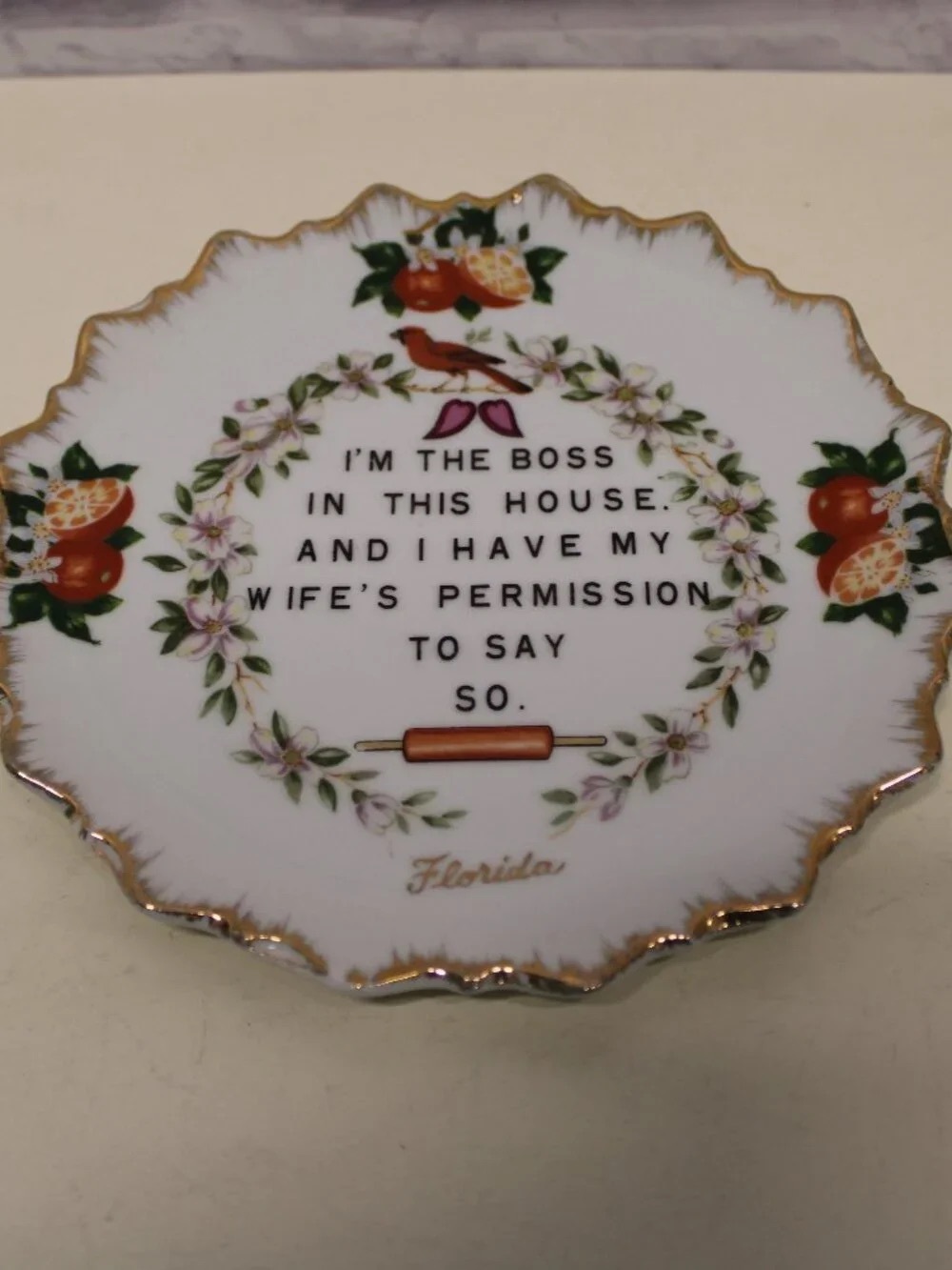Florida Porcelain Decorative Plate - White with Floral and Gold Trim